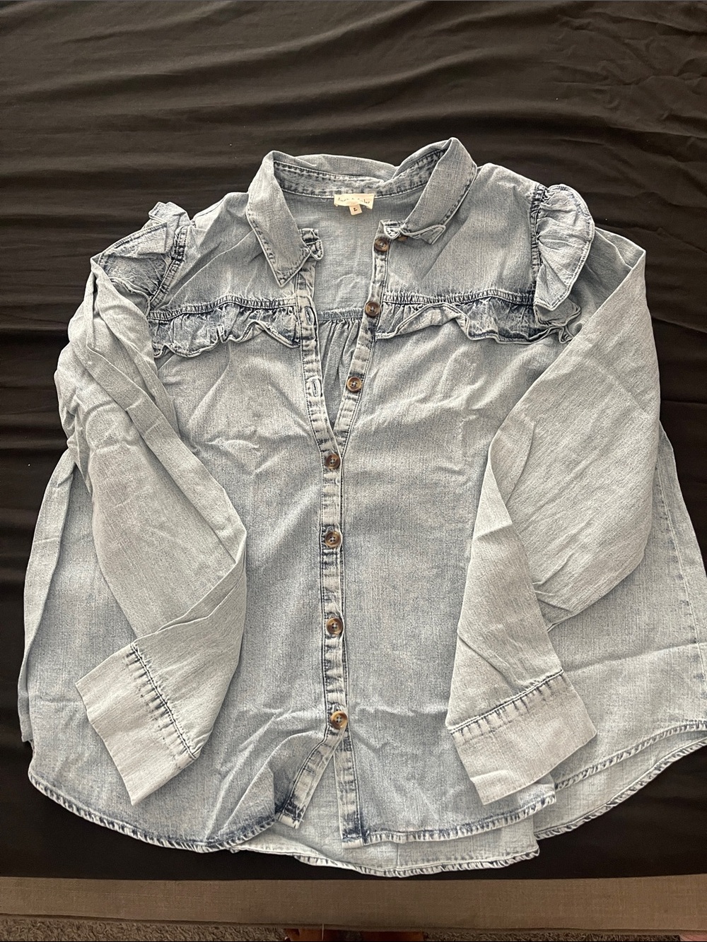Light Wash Denim Button-Down Shirt with Ruffle Yoke